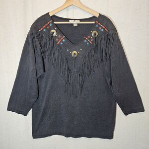 Vintage Country Western T-shirt Womens L XL Fringe Concho Beaded Studs Faded USA